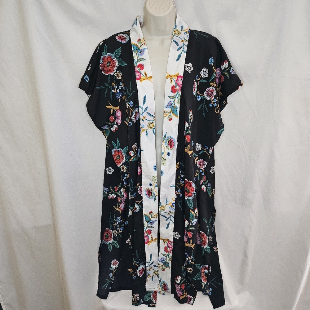 Womens Modena Black Floral Open Side Slit Midi Kimono Robe Top Coverup One Size